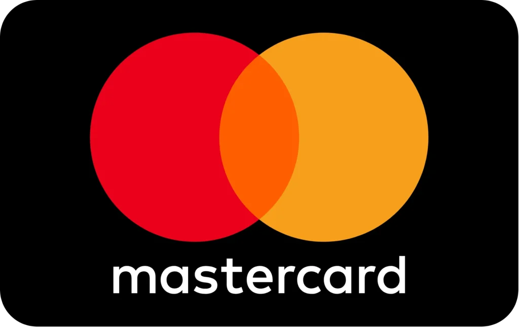 Mastercard logo featuring interlocking red and yellow circles with white text on a black background.