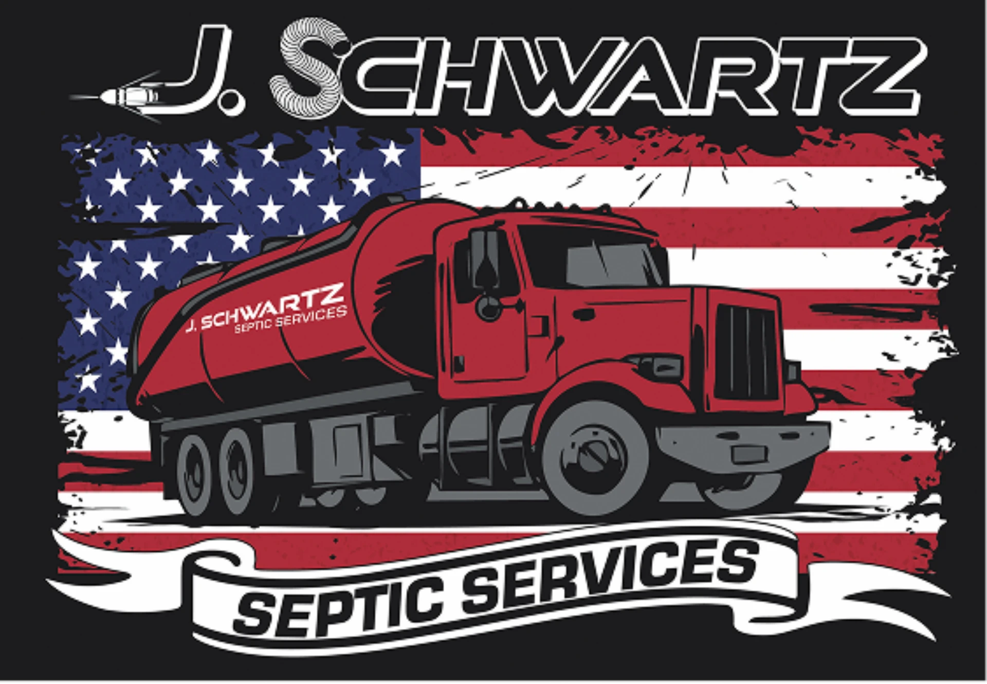 Logo design featuring a red septic truck over a distressed American flag.